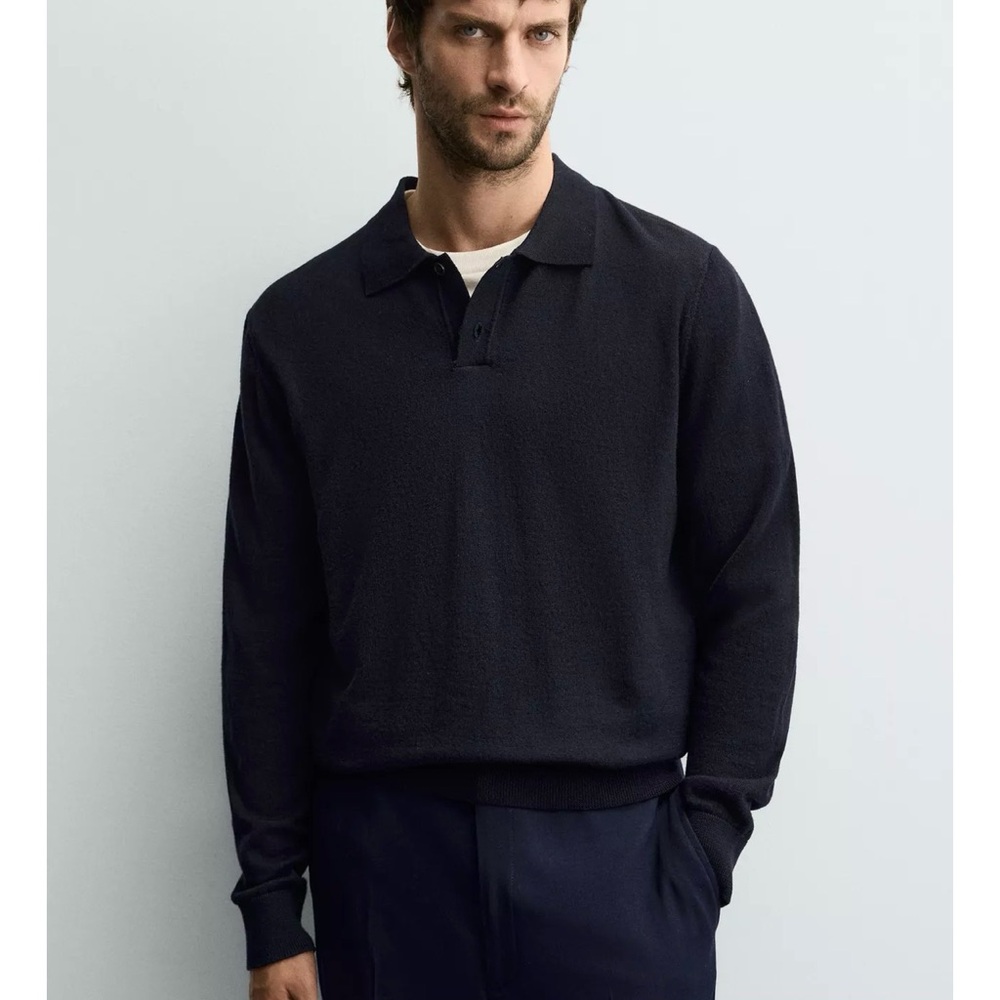 ZARA Men’s Navy Blue Wool Blend Long Sleeve Knit Polo XL NWT